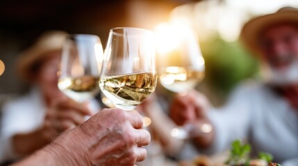 Cheerful gathering, diverse group toasting with glasses in a sunny outdoor setting, celebration of friendship and joy.