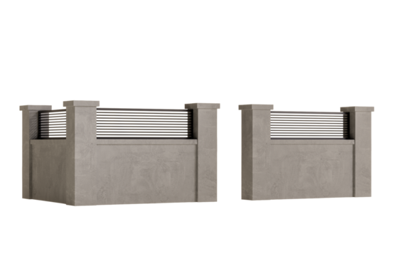 Two gray concrete pillars with a black metal railing