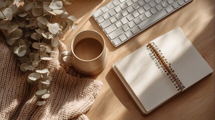 Cozy workspace with coffee and notebook
