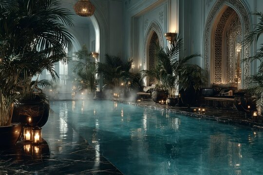 Luxurious Indoor Pool with Steam Plants and Elegant Architecture for Relaxation and Wellness