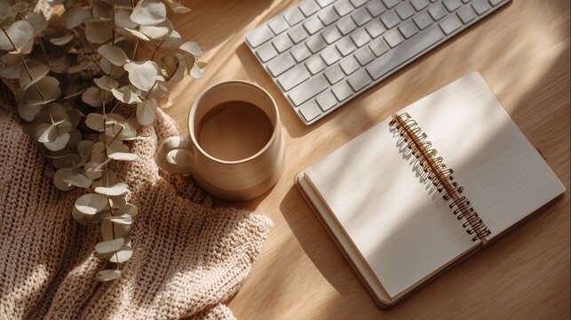 Cozy workspace with coffee and notebook