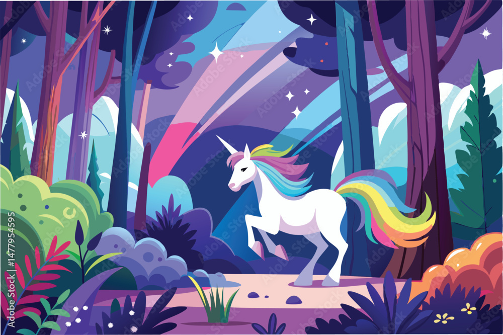 Poster colorful unicorn strolling through a magical forest under a rainbow and twinkling stars at dusk