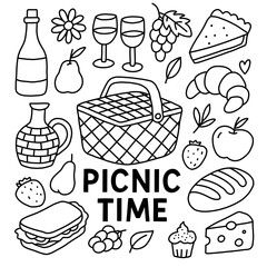Hand-drawn picnic doodle packed with fun food items, picnic basket at center, picnic scene includes fruits, bread, drinks, all elements create cheerful picnic atmosphere, perfect for design.