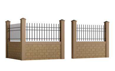 Two brick walls with a metal fence in between