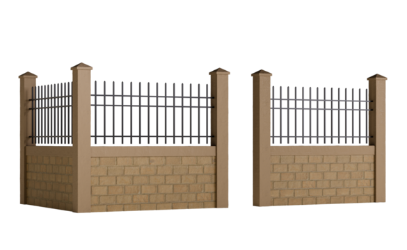 Two brick walls with a metal fence in between