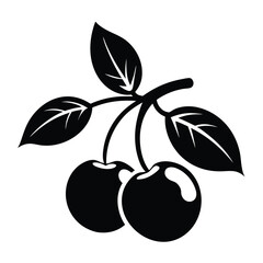Two Black Cherries with Leaves Vector Illustration, Fruit Icon Design Element