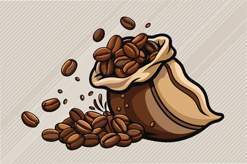 Coffee beans spilling from a burlap sack with splashes of ground coffee in a vibrant vector illustration showcasing the rich aroma and texture of fresh coffee