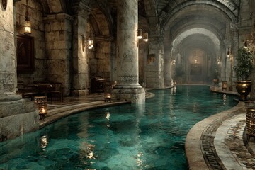 Fototapeta premium Luxurious Indoor Pool with Ancient Architecture and Warm Lighting