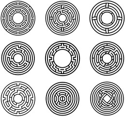 Black and White Circular Maze Patterns - Geometric Labyrinth Icon Set
