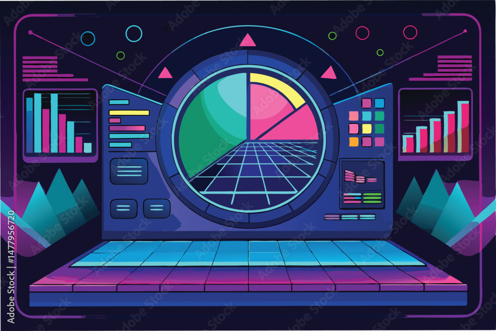 Poster futuristic data visualization station with vibrant graphics and interactive elements for analyzing t