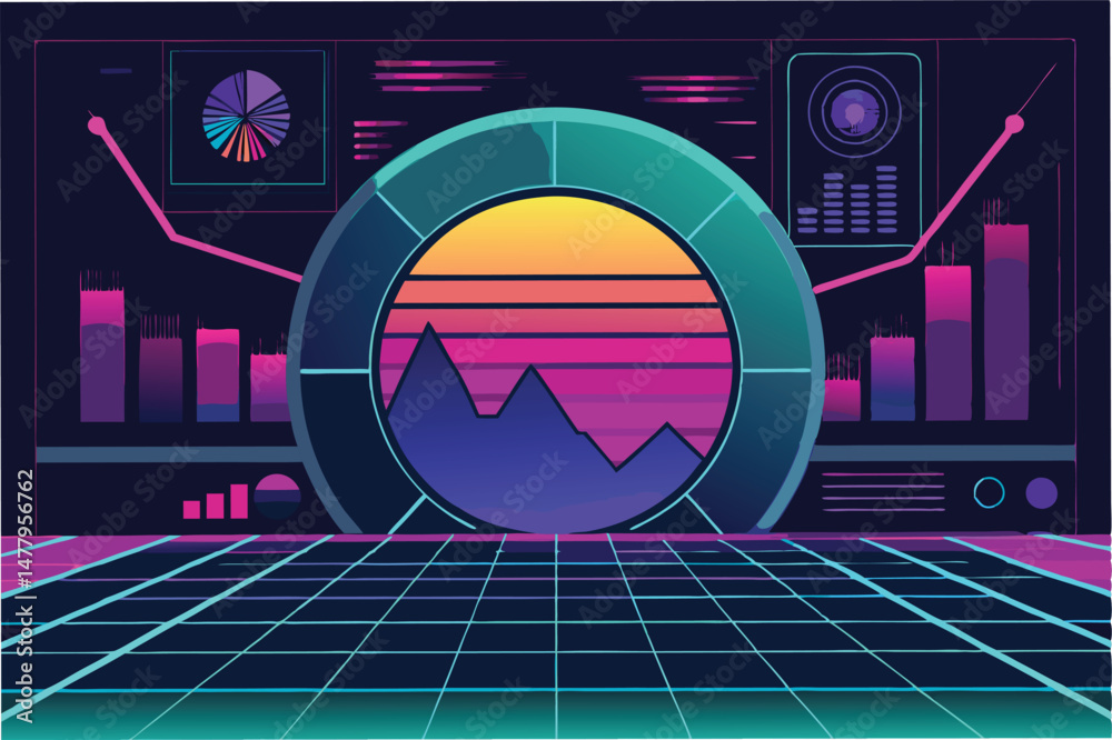 Poster futuristic data visualization station with vibrant graphics and interactive elements for analyzing t