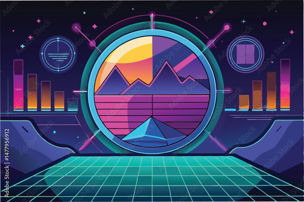 Poster futuristic data visualization station with vibrant graphics and interactive elements for analyzing t