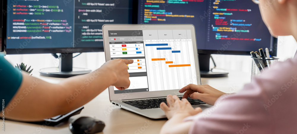 Poster project planning software for brisk business project management on the computer screen showing timel