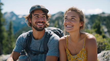 Fototapeta premium Couple Enjoying Scenic Mountain View on a Hiking Adventure