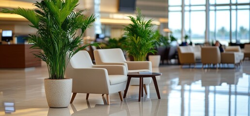 Obraz premium Modern lobby interior with seating and greenery relaxing waiting area