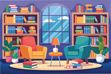 Cozy reading nook with armchairs, bookshelves, and plants in a bright room with large window