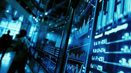 Blue-toned image showcases a bustling stock market environment with graphs