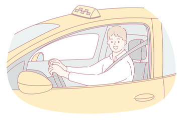 A cheerful taxi driver smiles warmly at his passengers while skillfully driving his bright yellow taxi through the city