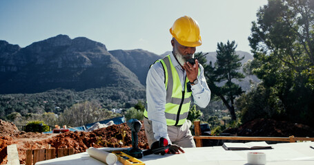 Radio, communication or black man with blueprint for engineering, check design and construction...