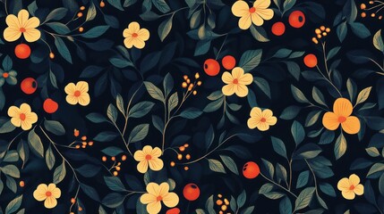 Floral pattern with leaves and berries