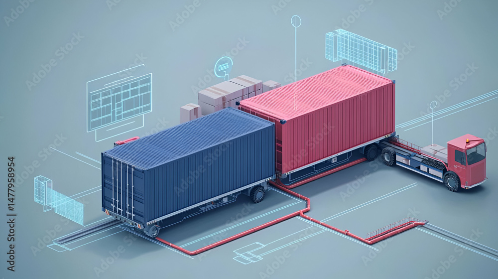 Poster isometric illustration of automated container transportation system