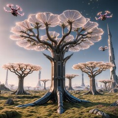 futuristic metallic trees and glowing drones floating above grassy terrain with distant towers for use in sci fi landscapes and fantasy concept art