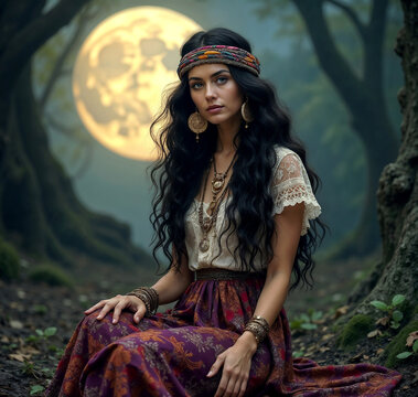 A young, beautiful and mysterious gypsy woman sits on the forest floor, illuminated by a large moon in the background, giving a mystical atmosphere to the image. Her costume is from the gypsy culture,