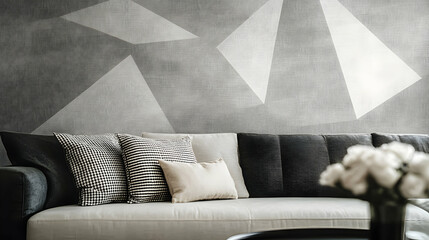 Modern Living Room with Geometric Wall Art and Elegant Sofa Design