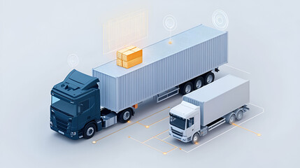 Isometric Illustration of Cargo Trucks and Delivery Process