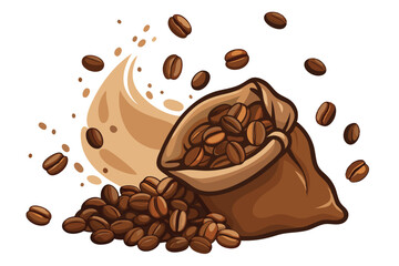 Coffee beans spilling from a burlap sack with splashes of ground coffee in a vibrant vector illustration showcasing the rich aroma and texture of fresh coffee
