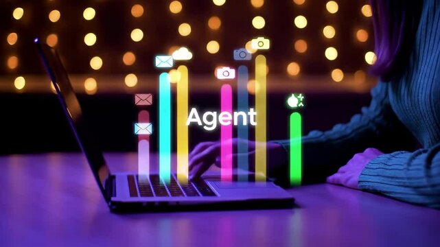 User interacting with neon-lit laptop displaying "Agent" and animated digital bars and icons, futuristic workspace
