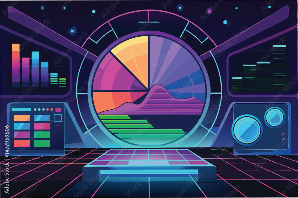 Poster futuristic data visualization station with vibrant graphics and interactive elements for analyzing t
