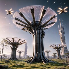 advanced cybernetic forest with flying drones and futuristic architecture across rocky and grassy plains for use in digital storytelling and gaming environments