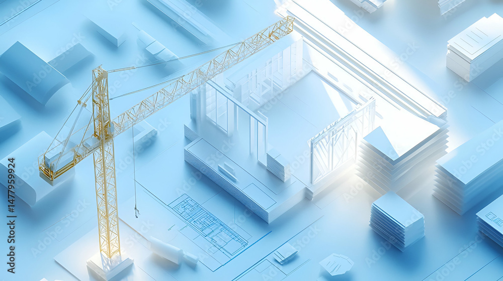 Poster isometric rendering of building construction with crane