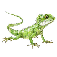 Obraz premium A vibrant green water dragon lizard stands alert against a white backdrop.