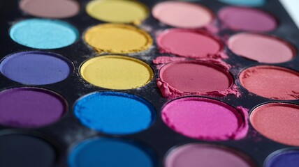 Colorful makeup palette featuring vibrant shades of eyeshadow in various hues and textures.