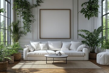 Interior design mock-up featuring a white sofa and plants.