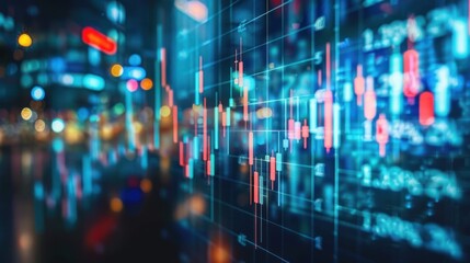 Obraz premium Financial data charts with red and blue lines, showing a dynamic and blurred city background