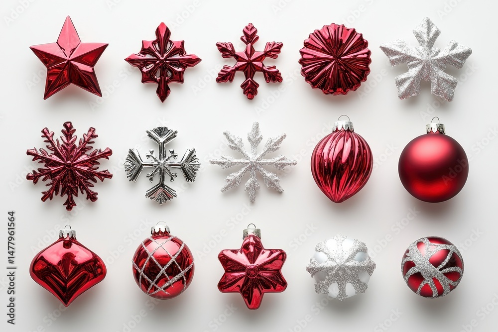 Poster various intricate snowflake designs in red and blue hues showcasing unique shapes during winter deco