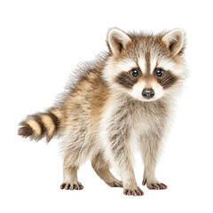 Fototapeta premium A cute baby raccoon looks at the camera isolated against a white background.