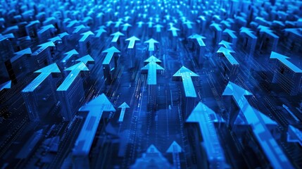 Fototapeta premium A sea of blue arrows rise upward against a dark, tech-inspired background, a symbol of growth