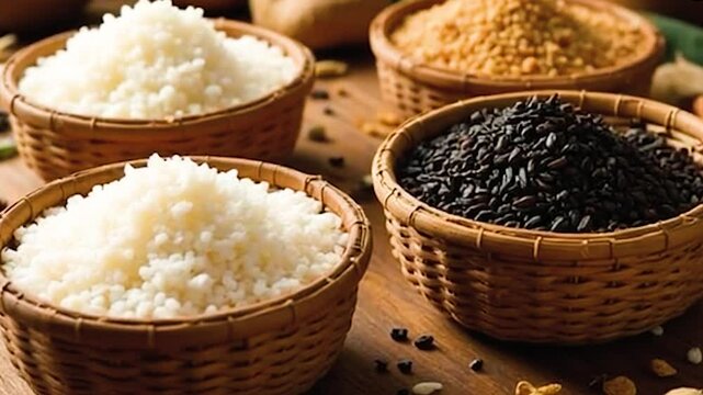 A white bowl holds organic rice, with wooden chopsticks resting on its side, a simple and healthy grain meal