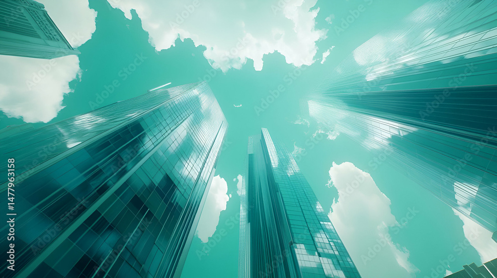 Poster low angle view of teal skyscrapers reaching upward into a cloudy sky
