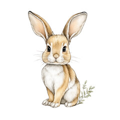 Obraz premium An adorable brown bunny sits amidst greenery in a watercolor illustration.