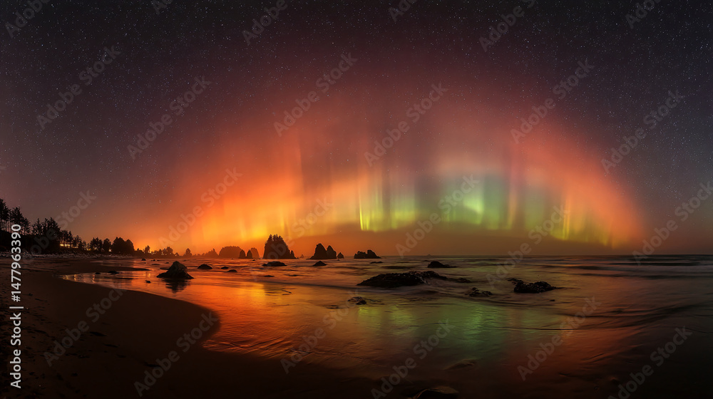 Poster night scene of aurora borealis over a tranquil beach, reflecting in the calm ocean water, creating a