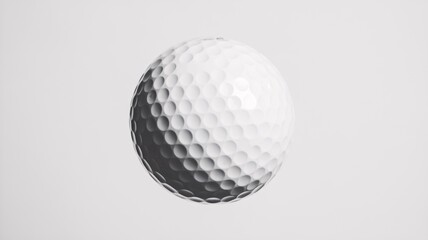 A close-up view of a white golf ball with dimples, suspended against a light gray background.