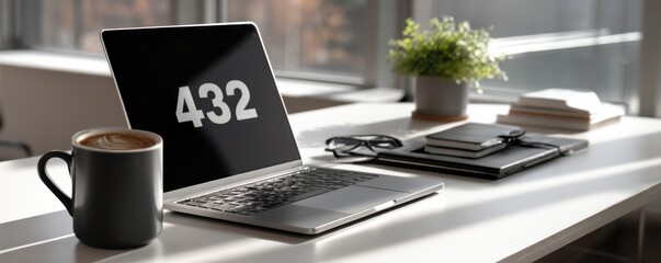 Workspace with modern laptop and coffee mug in bright office setting