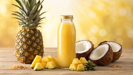 A glass of vibrant pineapple and coconut smoothie with a mint garnish, set against a tropical background, symbolizing a fresh, healthy, and refreshing beverage.
