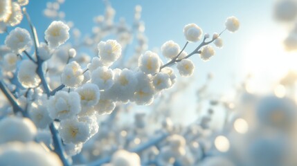 Fototapeta premium Blossoming branches in sunlight, delicate white flowers against a bright sky, serene nature theme with calming ambiance.