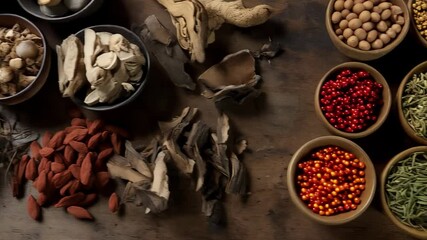 Assortment of dried medicinal herbs and fungi in bowls and piles displayed on a rustic wooden surface, showcasing various natural remedies.
